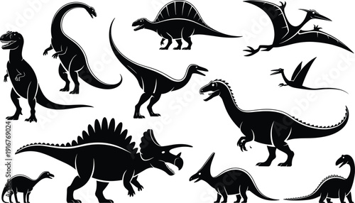 Black vector silhouette set of diverse dinosaurs including T-Rex triceratops and pterodactyl for prehistoric nature education museum branding and ancient wildlife exploration design