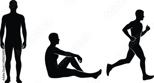 Male human body silhouettes standing sitting running poses isolated anatomy fitness lifestyle activity healthy people flat vector illustration set design