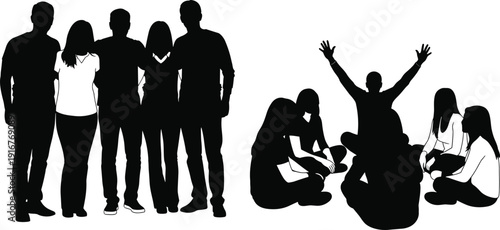 Black vector silhouette set of diverse friends standing in a group and sitting in a circle for community support teamwork social gathering and friendship branding