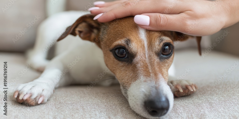 Obraz premium The Dog Receiving Gentle Head Pats On A Cozy Sofa Showing Trust And Affection