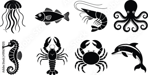 Black vector silhouette set of diverse marine animals including jellyfish octopus dolphin seahorse crab and lobster for ocean nature education and aquatic branding design