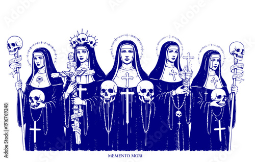 Black White Halftone Nun Skull Cross Blood Set 5 Sketch Hand Drawn Gothic-Dark Sacred Religious Ink Single Illustration - Nun Skull Set