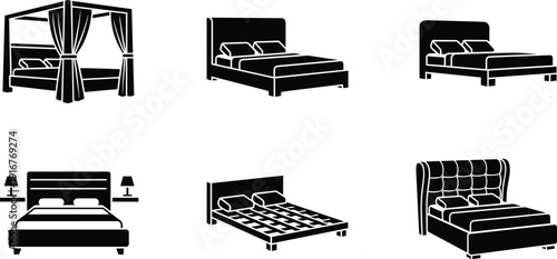 Black vector silhouette set of diverse modern bedroom furniture featuring canopy beds platform frames and upholstered headboards for interior design and home decor branding
