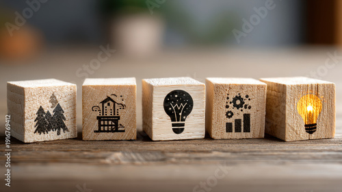 Design Thinking Process concept. Wooden blocks with icons; the key stages of the design thinking