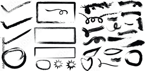 A collection of various black ink strokes and shapes on a white background