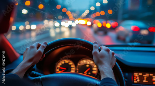 Driver hands on steering wheel driving a car. Transportation
