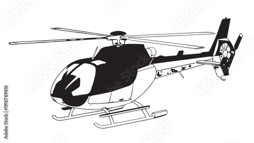 Silhouette of a modern helicopter in flight with rotor blades and tail boom.
