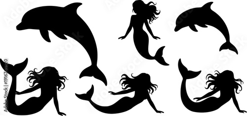 Black silhouettes of a dolphin and mermaid on a white background
