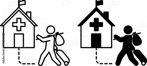 Asylum Icons. Line and Glyph Vector Illustrations. Refugee With a Suitcase Walking to the House with the Cross and Flag. Safe Place for People to Protect. Shelter. Migration Concept