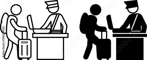 Border Control Icons. Line and Glyph Vector Illustrations. Customs Officer Checking the Luggage of a Person with a Suitcase. Checking the Legality of Border Crossing, Checkpoint. Migration Concept