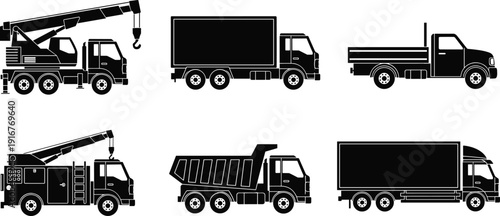 Black vector silhouette set of heavy duty trucks including crane truck delivery van dump truck and flatbed for construction logistics and transportation branding