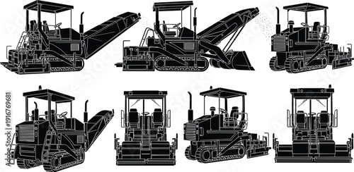 Black vector silhouette set of heavy industrial asphalt paver machines and road construction equipment for civil engineering infrastructure projects and paving service branding