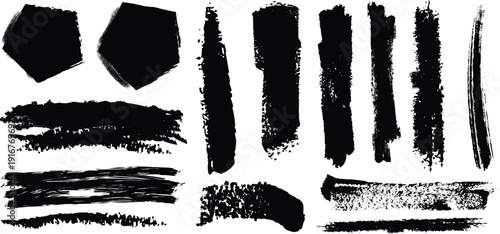 A collection of black brush strokes and shapes on a white background