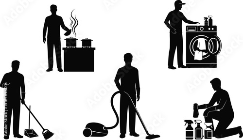Black vector silhouette set of men performing domestic household chores including cooking cleaning with vacuum sweeping and doing laundry for professional home service branding