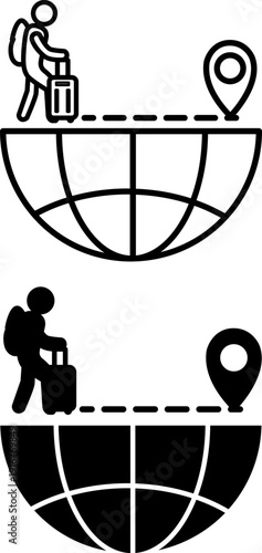 Immigration Icons. Line and Glyph Vector Illustrations. A Man with a Backpack and a Suitcase Walking to a Pin on the Globe. Citizens of One Country Entering Another Country. Migration Concept