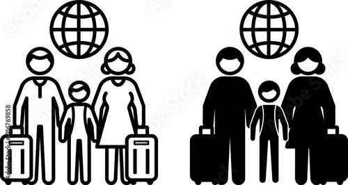 Migrant Icons. Line and Glyph Vector Illustrations. Family with Suitcases Traveling to Another Country. Mother, Father, and Son, Refugees. Migration Concept
