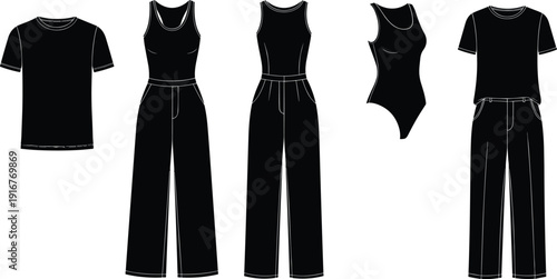 Black vector silhouette set of modern casual apparel including t-shirts tank tops bodysuits and trousers for fashion branding clothing retail and garment manufacturing design