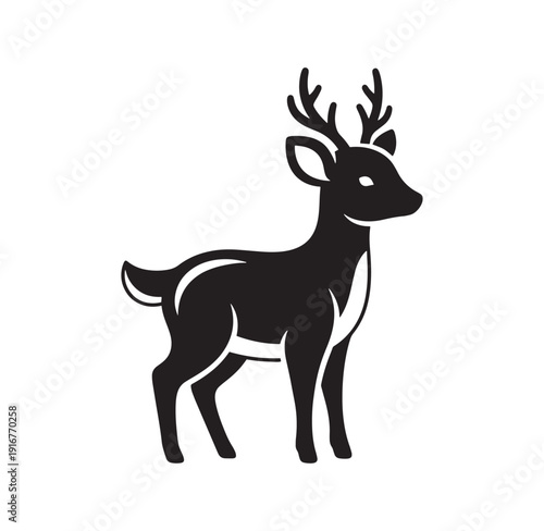 black silhouette of a deer with antlers standing alone on white background