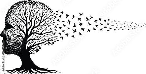 Abstract creative silhouette human face tree birds transformation imagination nature psychology freedom artistic conceptual illustration