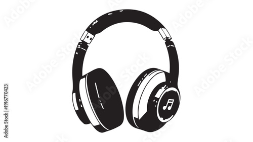 Stylized illustration of over-ear headphones with bold black and white design elements suitable for music and audio themes.