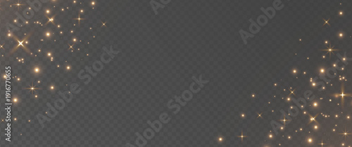 Gold glitter light frame. Golden neon particle. Magic star dust. Christmas Holiday confetti. Fairy bulb background. Winter Celebration banner. Glow shine bokeh. Luxury party bg. Vector illustration