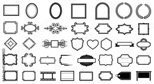 Collection of various black and white label shapes and decorative frames on a plain white background for design and branding purposes