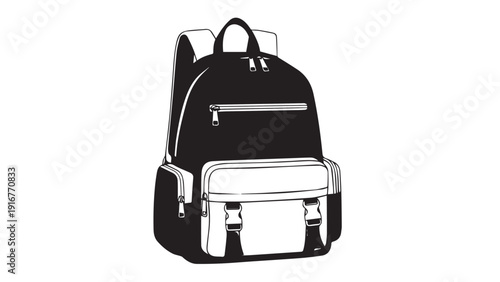 Black backpack with white front pockets and multiple compartments for everyday use and travel style.