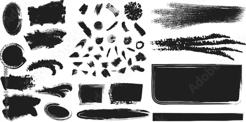 Collection of black brush strokes and shapes on a white background