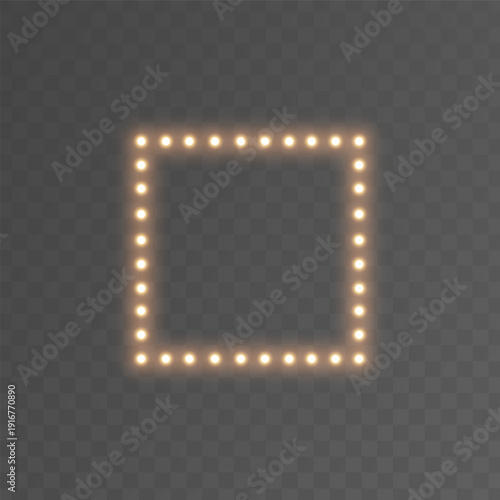 Light bulb gold square frame. Glitter luxury decoration. Golden lamp rectangle banner. Retro neon wall billboard. Cinema, casino design. Mirror background. Marquee circus bg. Vector illustration