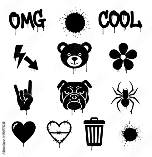 Street graffiti stencil icons set with skull heart spider bear bulldog lightning flower and splatter vector illustration isolated on transparent background