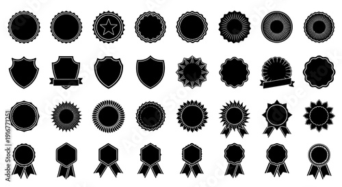 Collection of black award badges labels and seals on white background for recognition achievement and quality