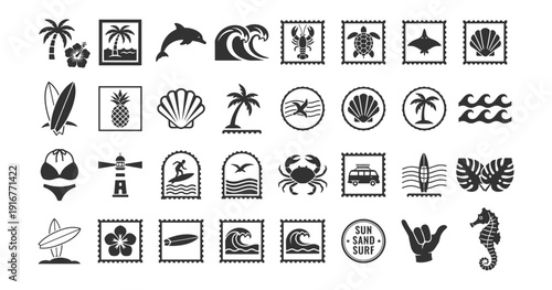 Beach and ocean travel stamp icon set with tropical marine and surf elements vector illustration isolated on transparent background