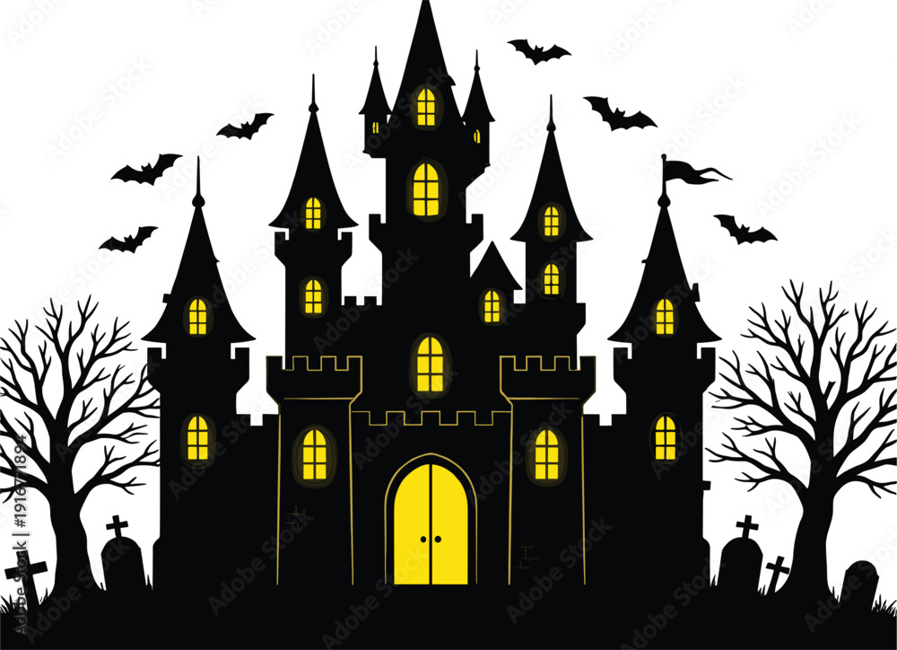 Obraz premium Gothic horror mansion vector illustration featuring creepy cemetery trees and glowing windows for Halloween party.
