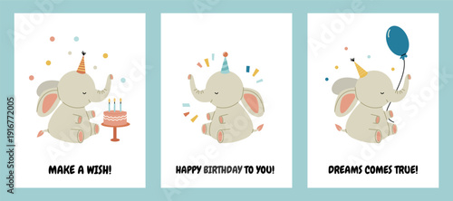 Cute birthday cards with a funny elephant, a balloon, a cake, and confetti