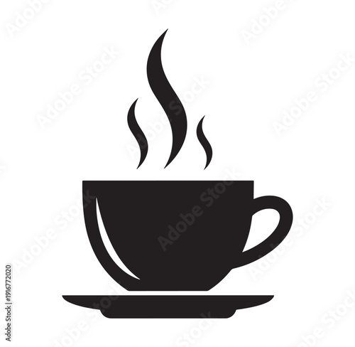 black silhouette of a steaming hot cup of coffee on a saucer