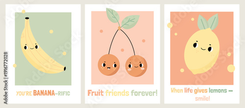 Set, collection, element,A set of posters with funny cute fruits - banana, cherry, lemon. Quotes for children. Decor for a child's room.