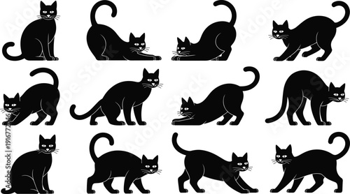 Black cats silhouette halloween spooky feline set collection poses vector illustration isolated design decorative