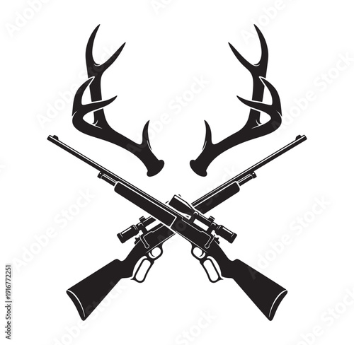 Black silhouette of crossed rifles and deer antlers on white background