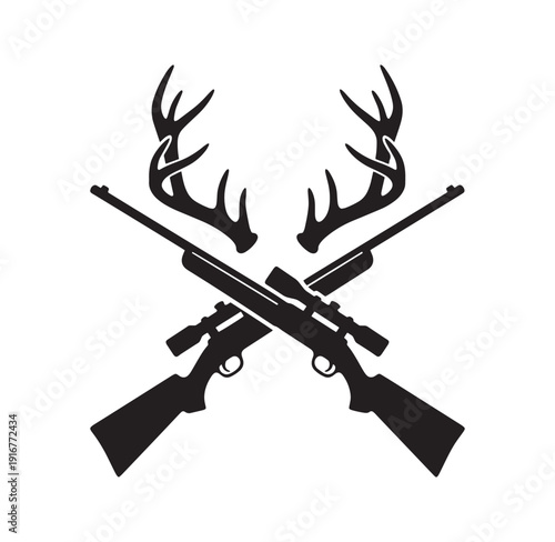 Black silhouette of crossed rifles with antlers on white background