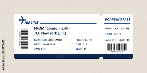 Realistic illustration of airplane ticket boarding pass with passenger name and destination. Concept of travel, journey or business trip.
