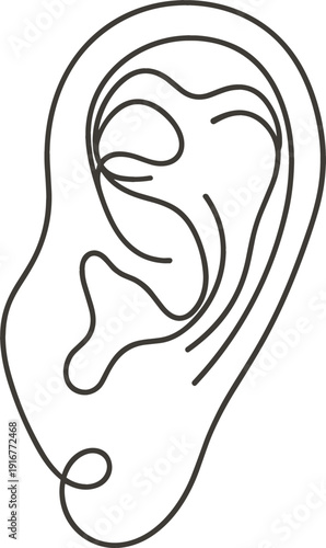 Continuous one line drawing of a human ear for audiology medical health and hearing concept