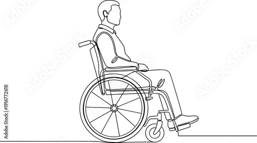 Continuous one line drawing of a man sitting in a wheelchair for accessibility and healthcare concept