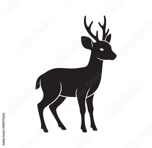 black silhouette of deer with antlers standing on white background