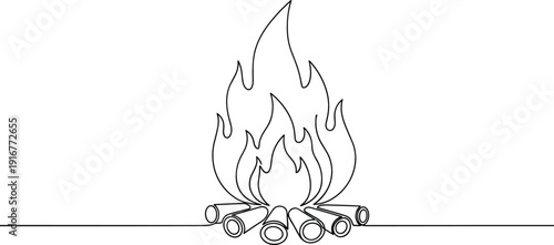 Continuous one line drawing of a burning bonfire with wood logs for camping and outdoor activities