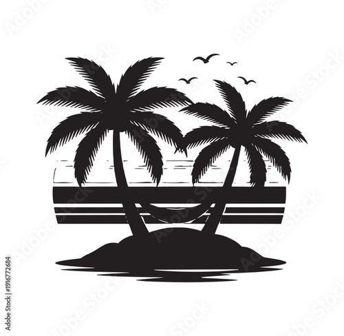 Black silhouette of tropical island with palm trees and hammock on beach by sea  serene landscape