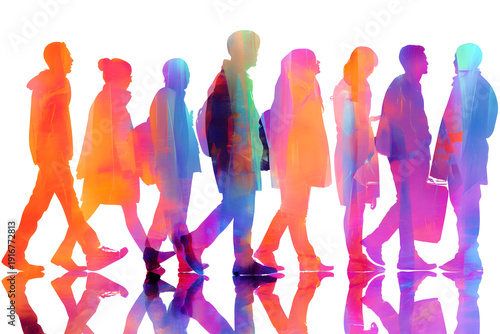 A vibrant watercolor-style illustration depicts a diverse group of people in silhouette, walking together with colorful reflections on a white background