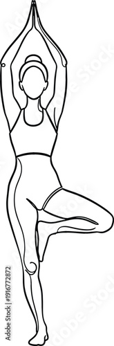 Continuous one line drawing of a woman in yoga tree pose for wellness and balance concept