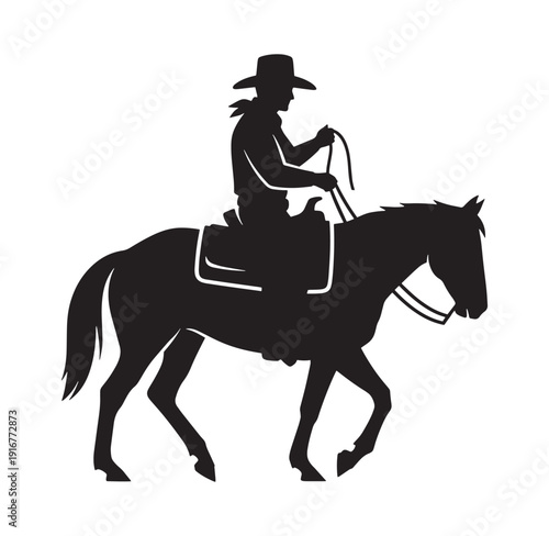 cowboy riding horse silhouette isolated on white background