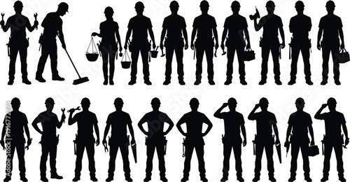 Construction workers silhouette set with engineers and contractors wearing hard hats and tool belts in various professional standing and pointing poses
