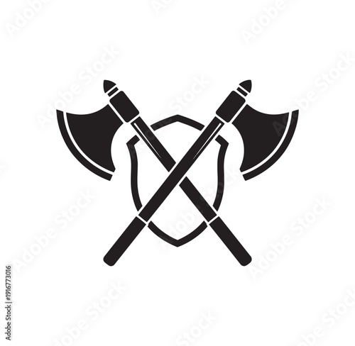Crossed battle axes with shield emblem graphic symbol